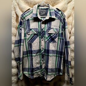 Affliction Vintage Men's Navy and Emerald Plaid Shirt Sz XL